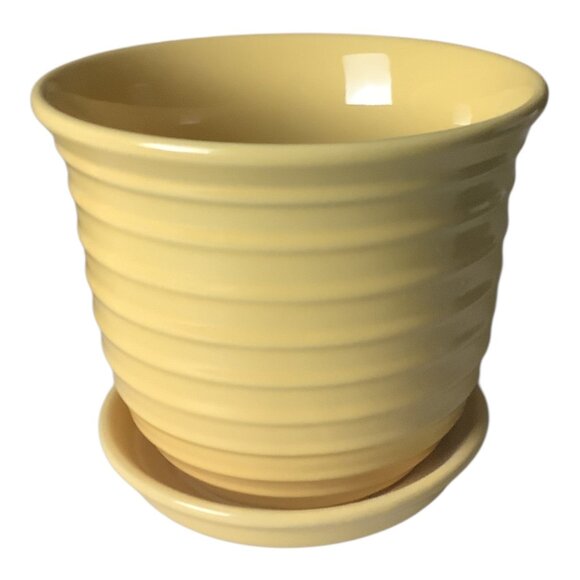 Shabby Chic Pink Faux Peony Floral & Yellow Ribbed Ceramic Pot Set Home Decor - Picture 9 of 11